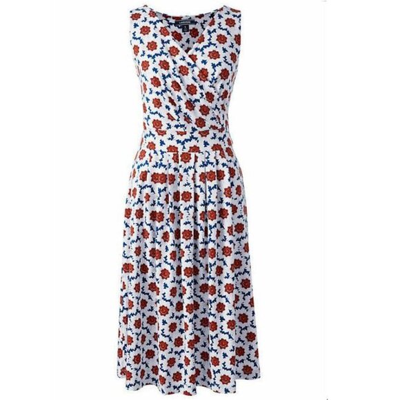 Lands' End Faux Wrap Fit and Flare Sapphire Floral Print Sundress - LP - Picture 2 of 7